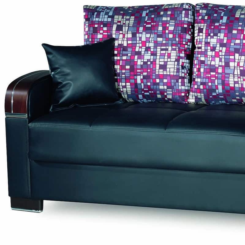 HomeRoots 87" Black Faux Leather Convertible Futon Sleeper Sofa And Toss Pillows With Storage