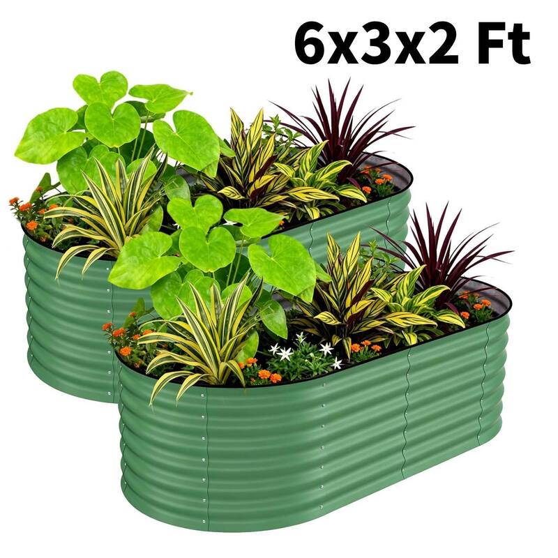 2 PCS 6x3x2 FT Galvanized Steel Raised Garden Bed, Planter for Vegetables, Flowers with Anti-Cut Strips - N/A - Green