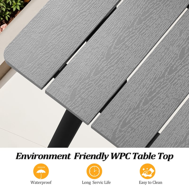 9PC Outdoor Patio Dining Set WoodLike Aluminum Umbrella Hole Table with Folding Chairs,Double Top Market Umbrella and Wheel Base