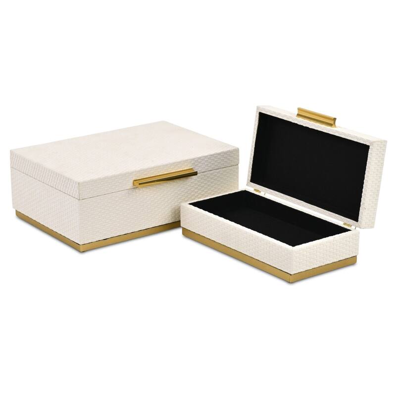 Tamsin Set of 2 Rectangular Decorative Storage Boxes - Wicker Weave Pattern with Gold Hardware