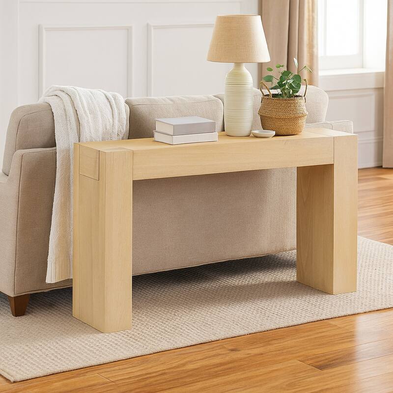 Console Table, Tall C Shaped Design, 63 Inch Light Brown Wood Body
