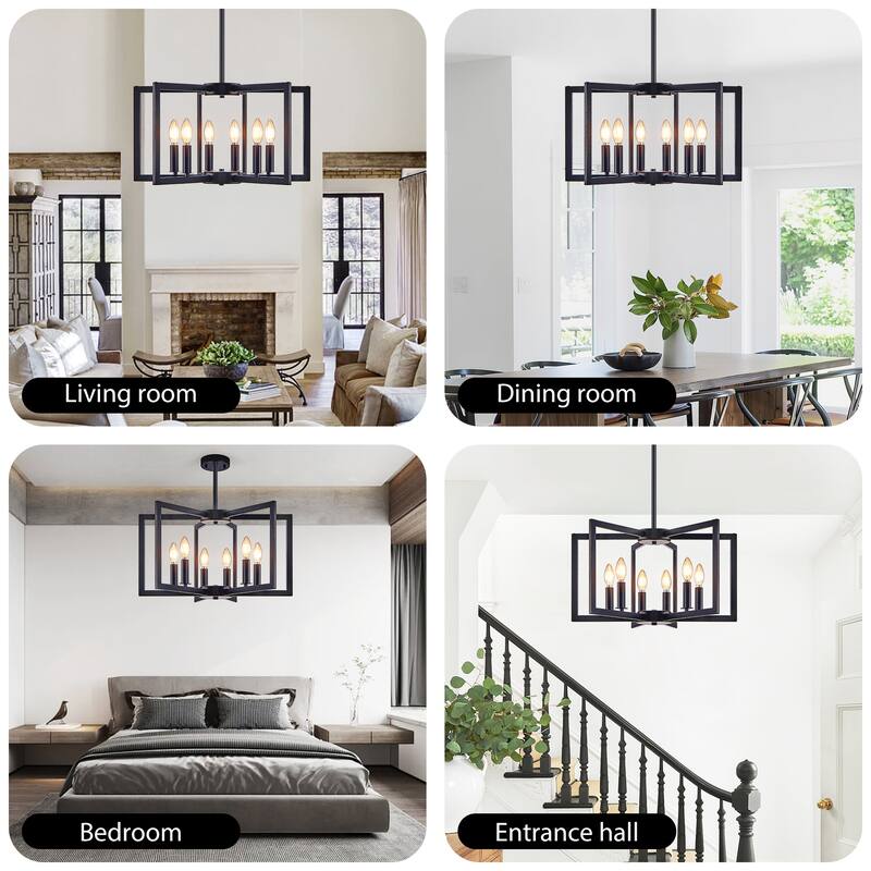 22" Modern Black Geometric 6-Light Chandelier, Metal Pendant Light Fixture for Living Room, Dining Room(Bulb Not Included)