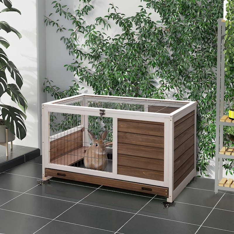 Brown Fir Wood Bunny Hutch with Run Ramp Wheels and Removable Tray for 1-2 Small Pets - 35.5" L x 20.75" W x 23.25" H