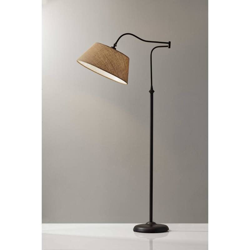 Bronze Metal Arched Floor Lamp with Brown Burlap Empire Shade Swing Arm - 29” x 17” x 61” (D x W x H)