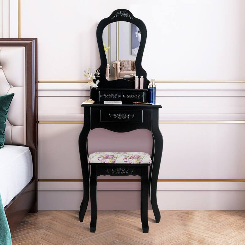 Costway Vanity Wood Makeup Table Stool Jewelry Desk Black/White