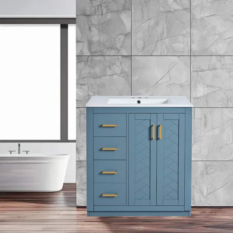 Modern 30" Bathroom Vanity with Ceramic Sink, 3 Drawers & Soft Closing Doors, Solid Wood Frame Cabinet - Indigo