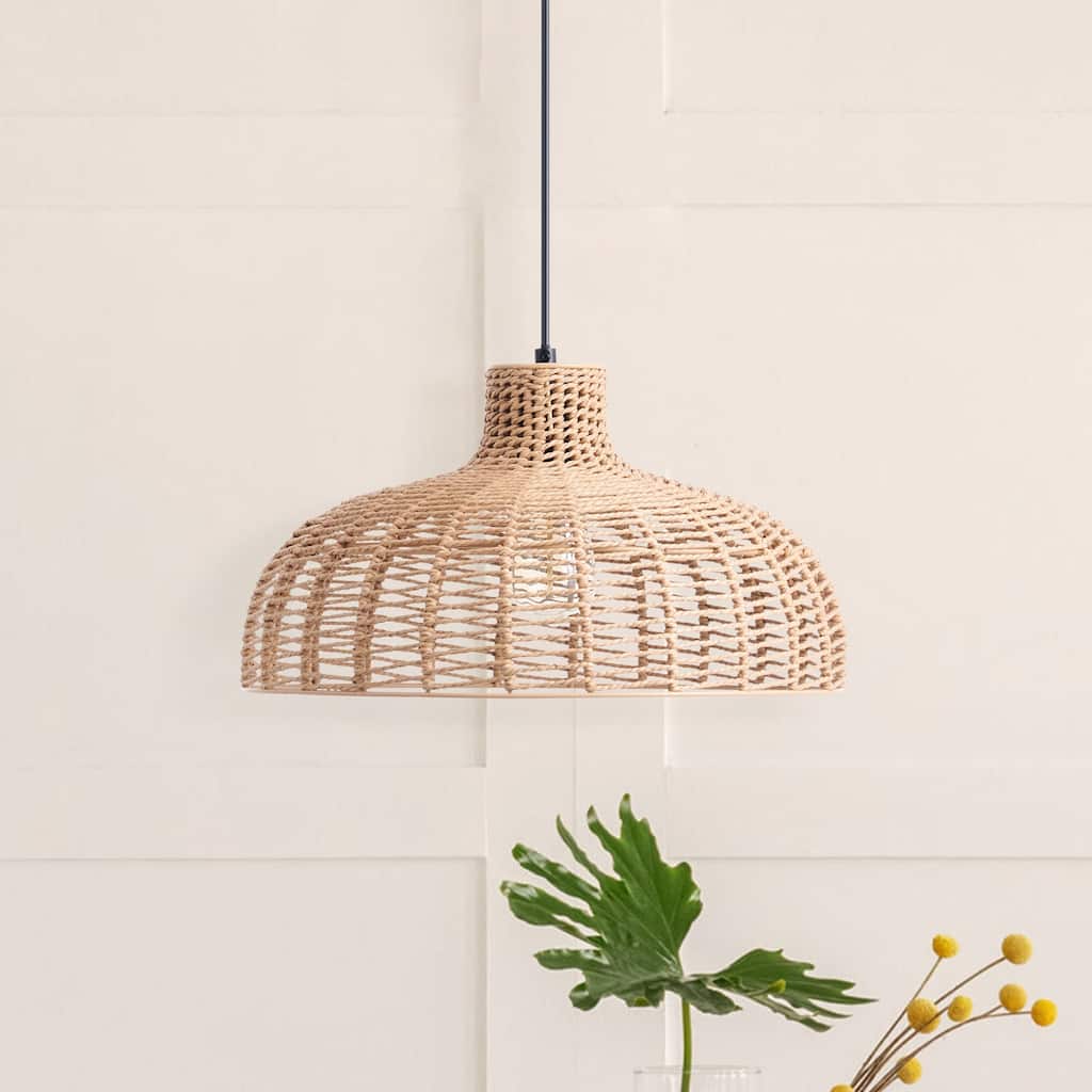 CO-Z Boho Handwoven Hemp Rope Dome Pendant Light Fixture - Tan