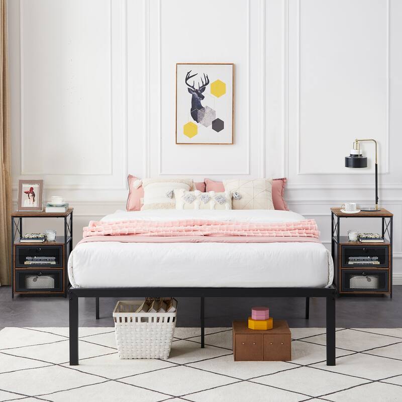 3 Piece Bedroom Set, 14.2-Inch Metal Bed Frame with Nightstand set of 2
