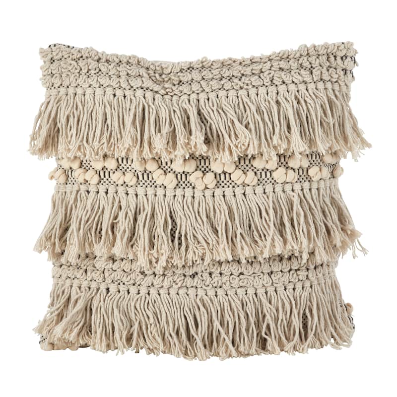 Moroccan Wedding Blanket Style Fringe Cotton Throw Pillow - Feather Down - 18"x18"