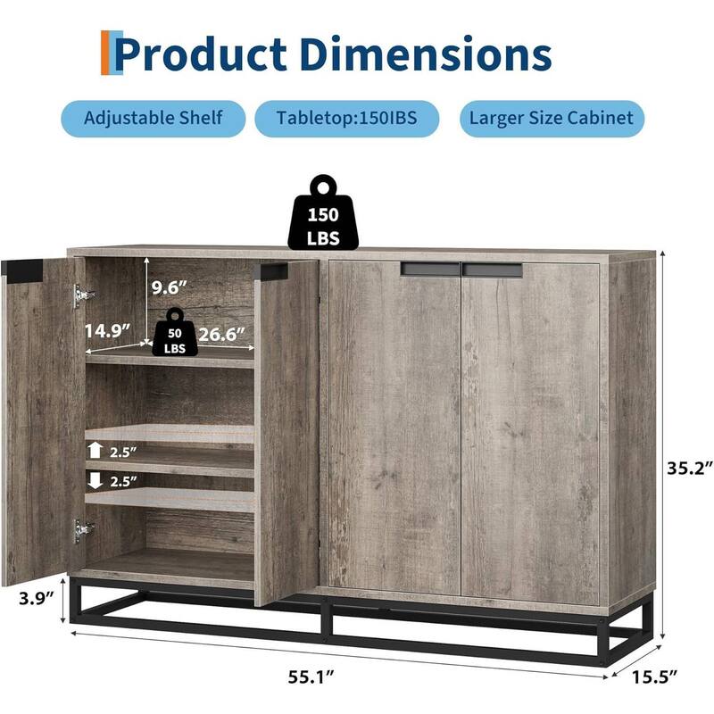 Modern 55" 4 Doors Sideboard Buffet Cabinet, Coffee Bar Table for Kitchen - N/A