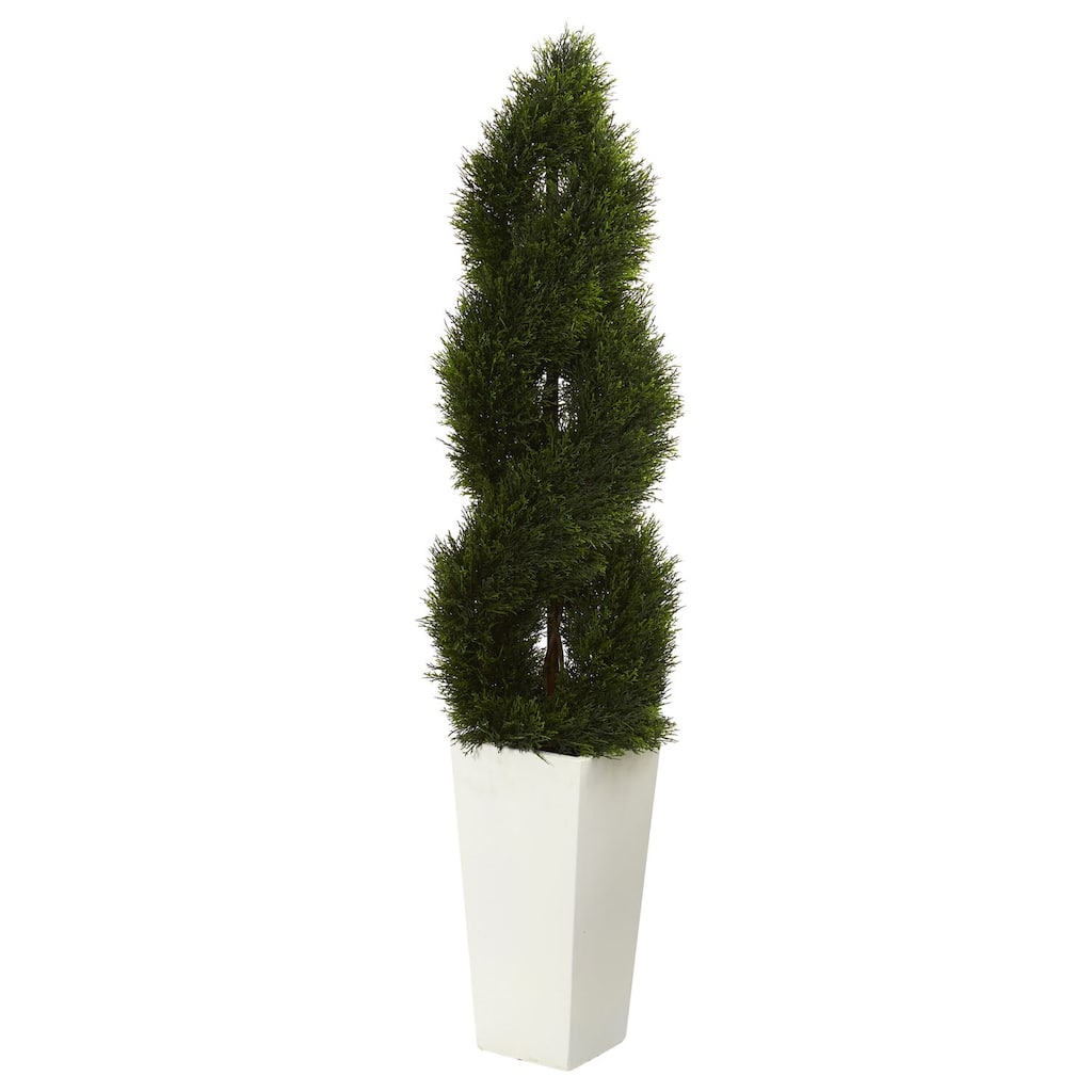 5.5ft Double Pond Cypress Spiral Artificial Tree in White Tower Planter with UV Resistant Greenery for Indoor or Patio