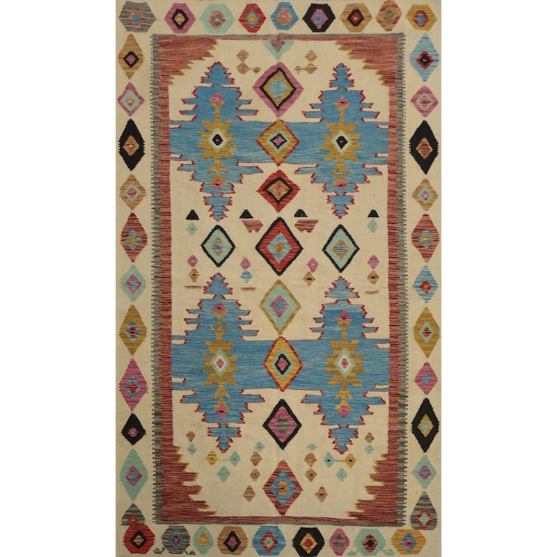 Hand Woven Oriental 100% Wool Carpet Southwestern Tribal Beige & Ivories Kilim Area Rug - 8' 0'' X 5' 0''