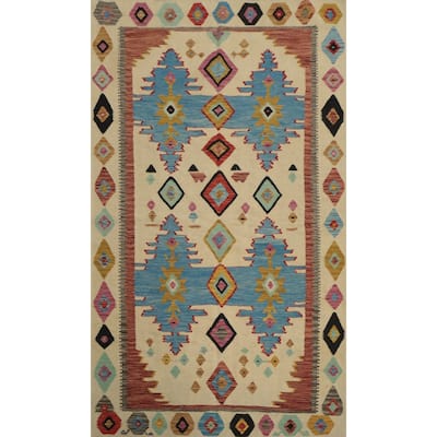 Hand Woven Oriental 100% Wool Carpet Southwestern Tribal Beige & Ivories Kilim Area Rug - 8' 0'' X 5' 0''