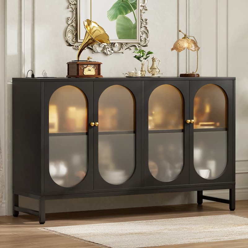 Modern Farmhouse Black Sideboard Buffet with USB Port, Black Storage Bar Cabinet with LED Light - Black