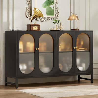 Modern Farmhouse Black Sideboard Buffet with USB Port, Black Storage Bar Cabinet with LED Light
