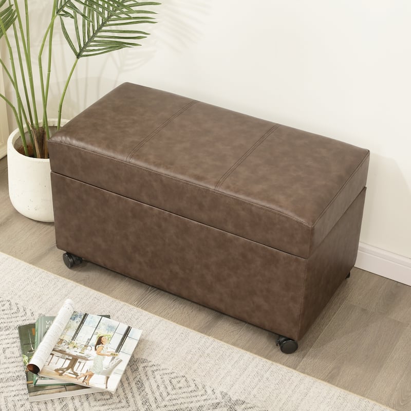 Adeco Faux Leather Storage Ottoman for Living Room - Brown-with-Casters