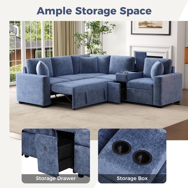 Chenille Pull Out Sectional Convertible Sleeper Sofa Modular Sectional Sofa with Pillow and 2 Cup Holders for Living Room