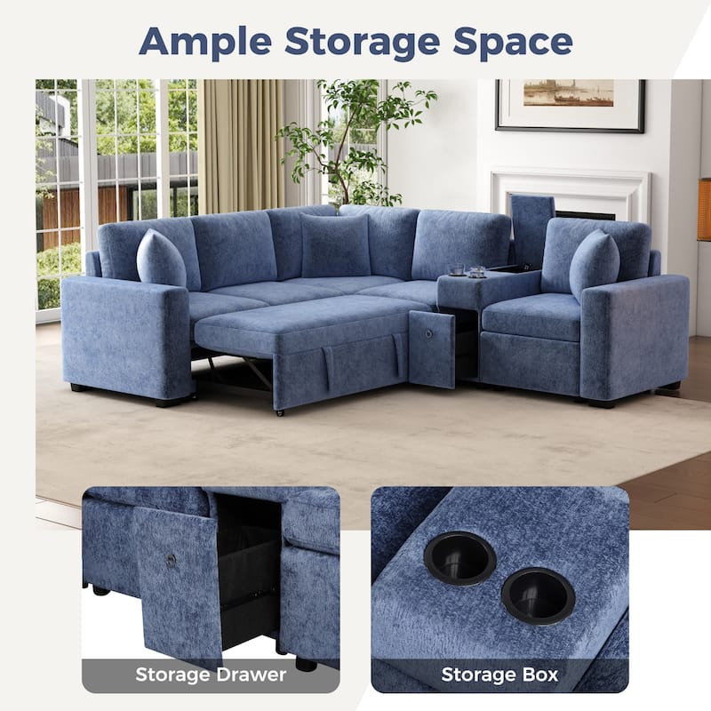 L-Shaped Modular Sectional Sofa with Pull-Out Bed, Chenille Convertible Sleeper Sofa Bed with Cup Holders & Multiple Storage