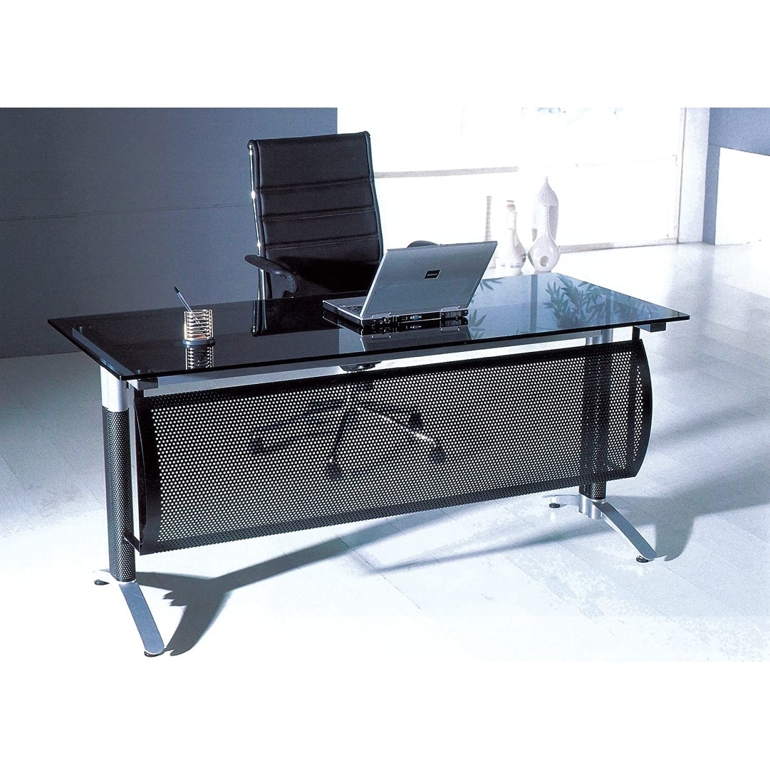Glass Top Home Office Computer Desk with Metal Frame, Dark Grey, image size:1081x1081