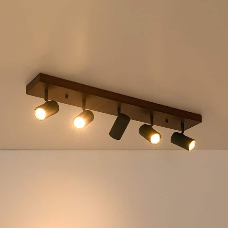 Farmhouse 5-Light Walnut Wood Rectangle Flush Mount Track Light