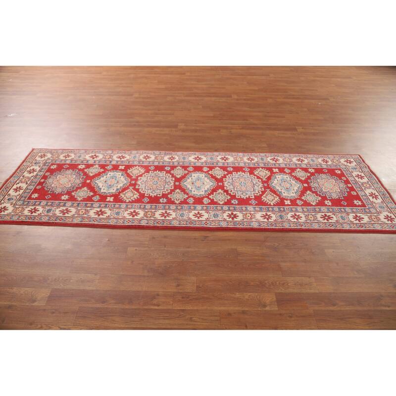 Geometric Red Kazak Runner Rug Hallway Hand-Knotted Wool Carpet - 2'7" x 8'0"