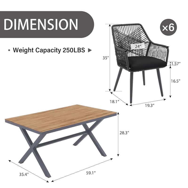 7-Piece Outdoor Dining Set - Iron Frame with Cross Wicker Back Chairs & X-Base Table