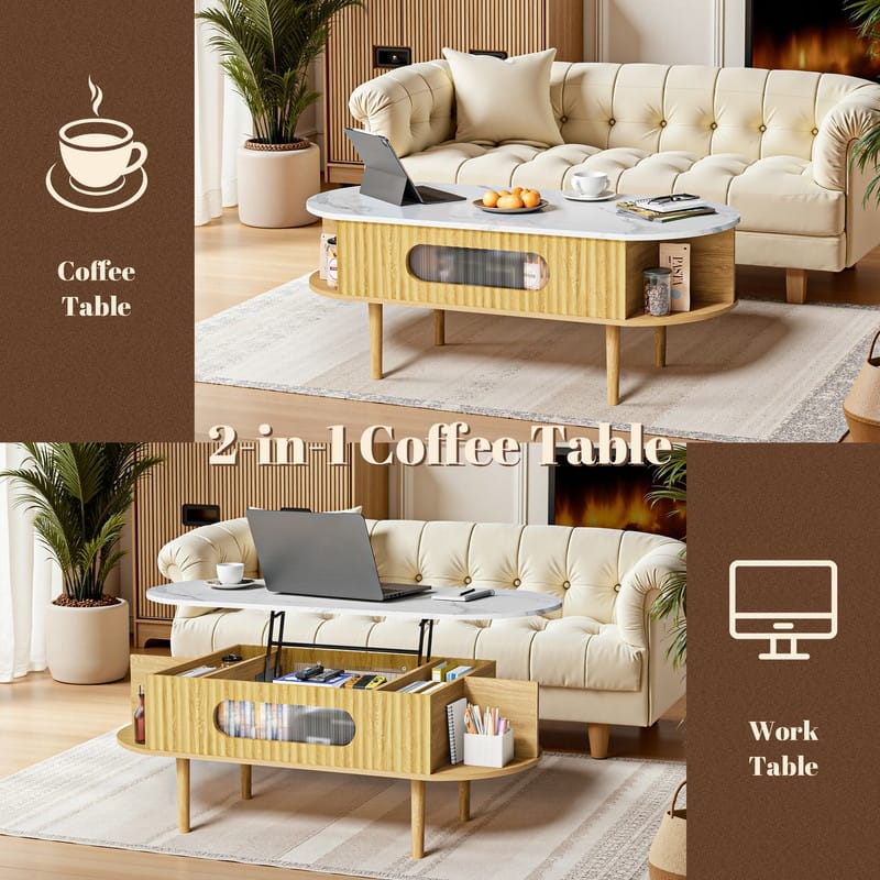 47" Fluted Lift Faux Marble Top Coffee Table, Wood Oval Center Table With 3 Hidden Compartment & 4 Open Space