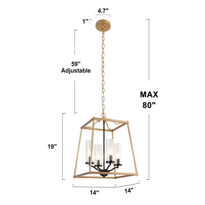 Modern 4-Light Gold Glass Chandelier Lantern Pendant Light for Dining Room - 14" L x 14" W x 19" H