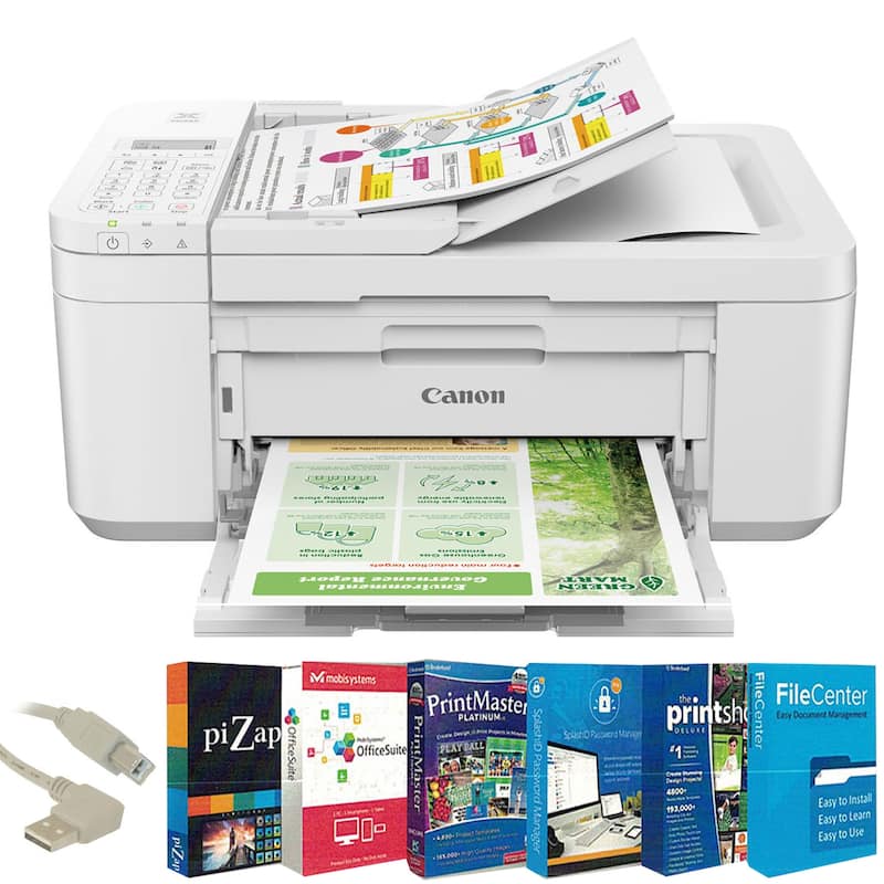 Canon PIXMA TR4720 Wireless All-in-One Printer (White) + USB Cable + Printer Essentials Digital Download Card for PC - White - White
