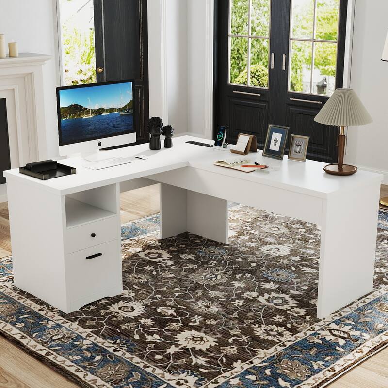 Modern Farmhouse Lift Top L-Shaped Desk with Charge Station, Corner Desk with File Drawers for Home Office - White