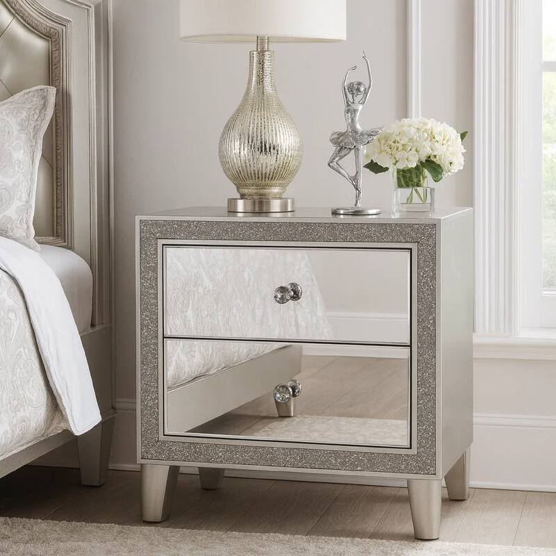 Nightstand with Mirrored Front 2 Drawers, Champagne Silver