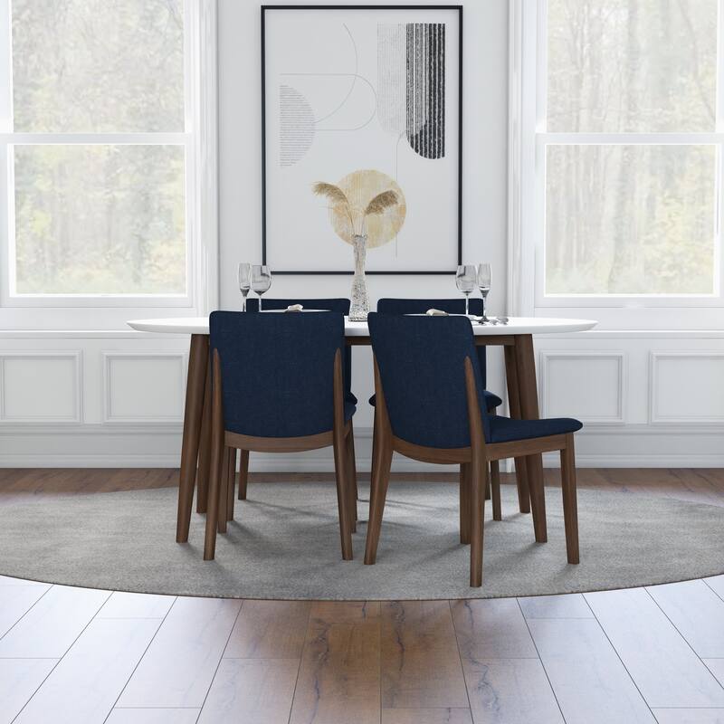 Kacia 5-Piece Mid-Century Modern Oval Dining Set with 4 Linen Dining Chairs in Blue