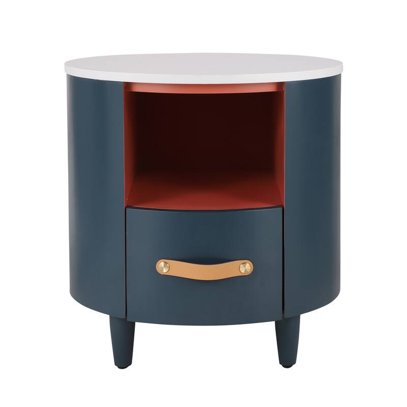 Round Nightstand with Drawer & Open Shelf, Nightstand with Leather Handle & Tapered Legs, Large Capacity Sofa Side Table