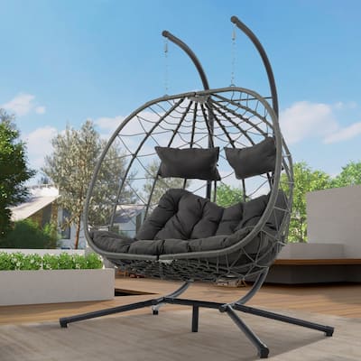 2 Persons Patio Egg Chair Outdoor Swing Chair Hanging Basket Chair with Stand for Bedroom Living Room Balcony