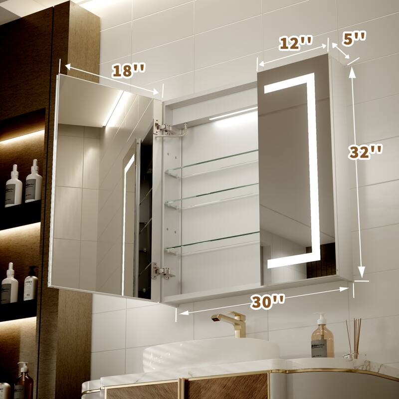 Modland 30"-60"W x 32"H Bathroom LED Medicine Cabinet with Mirror and Shelves, Defog and Stepless Dimming