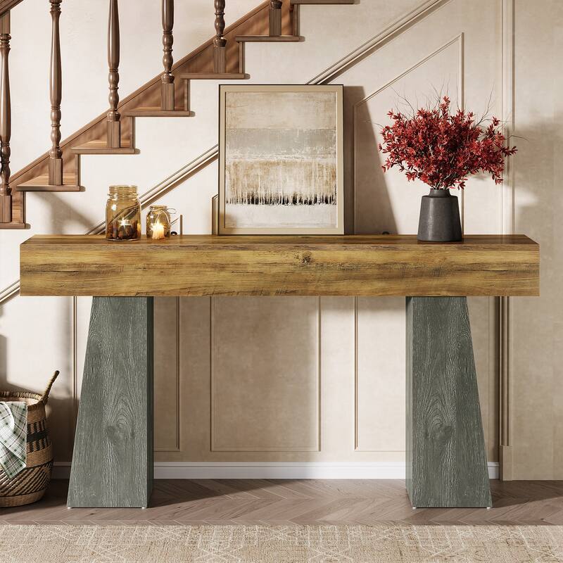 Industrial Console Table with Heavy-Duty Double Pedestal for Entryway