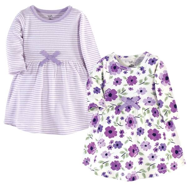 slide 1 of 1, Touched by Nature Baby and Baby Girl Organic Cotton Long-Sleeve Dresses 2pk, Purple Garden 0-3 Months - Baby Toddler Purple Garden Long Sleeve