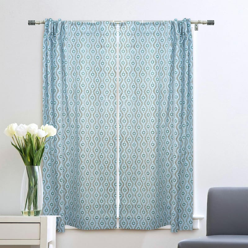 Fabdivine Block Print Curtain or Drape Decorative Home Accent Bed or Living Room - Lehar- Blue, Brown - 54" X 120"