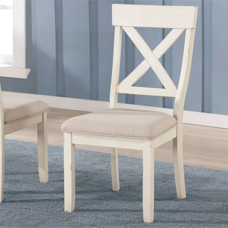 Modern Cross-Back Dining Chairs with Fabric Upholstered Seat and Rubberwood Legs, for Dining Rooms, Set of 2, Antique White