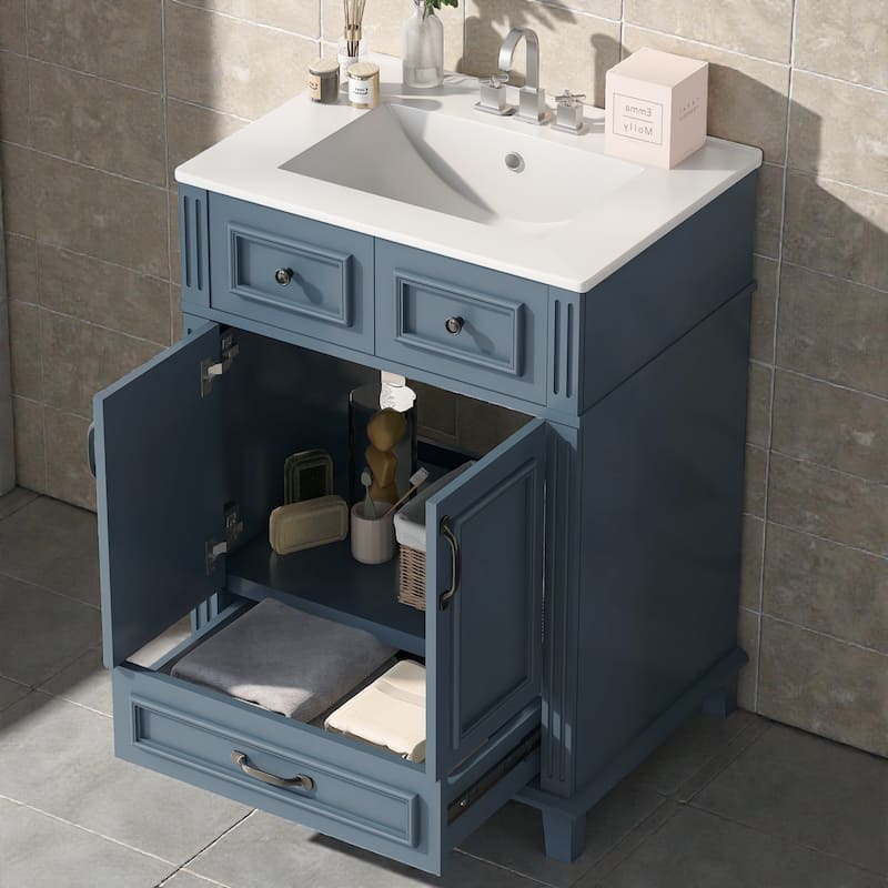 24 Inch Bathroom Vanity with Ceramic Sink, Solid Wood Frame, Soft Close Doors and Drawer, Retro Bathroom Cabinet