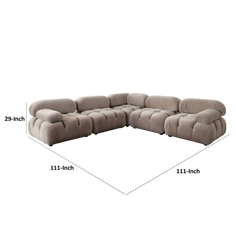 Hito 5 Piece Modular Sectional L Sofa Set, Tan Brown Bubble Grid Tufting