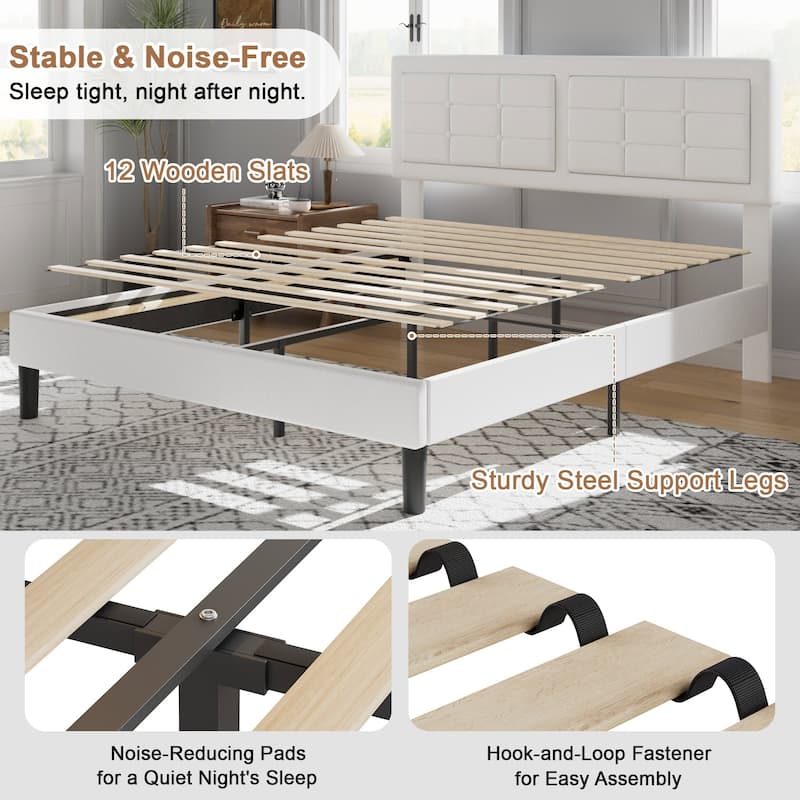 Javlergo Modern Upholstered Platform Bed Frame with Height Adjustable Tufted Headboard