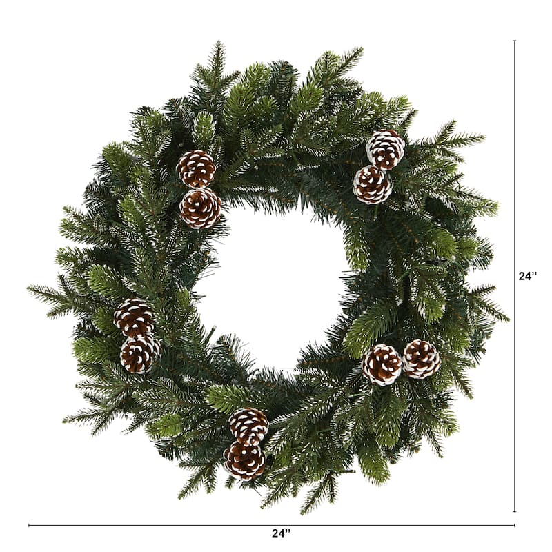 24" Snowed Pinecone Christmas Wreath with 35 Clear LED Lights