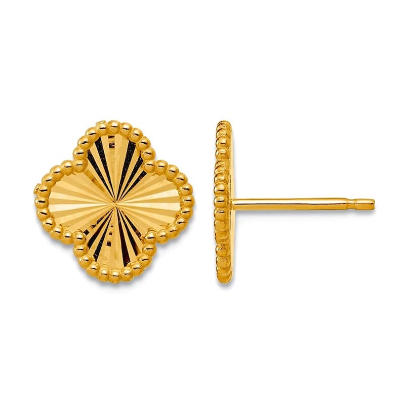 Curata Solid 14k Yellow Gold Italian 11mm Beaded Fluted Clover Earrings