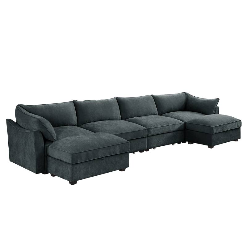 4- Deep L-Shaped Seater Sectional Sofa Couch with 2 Movable Storage Ottoman & Pull out Drawers Under Each Seat