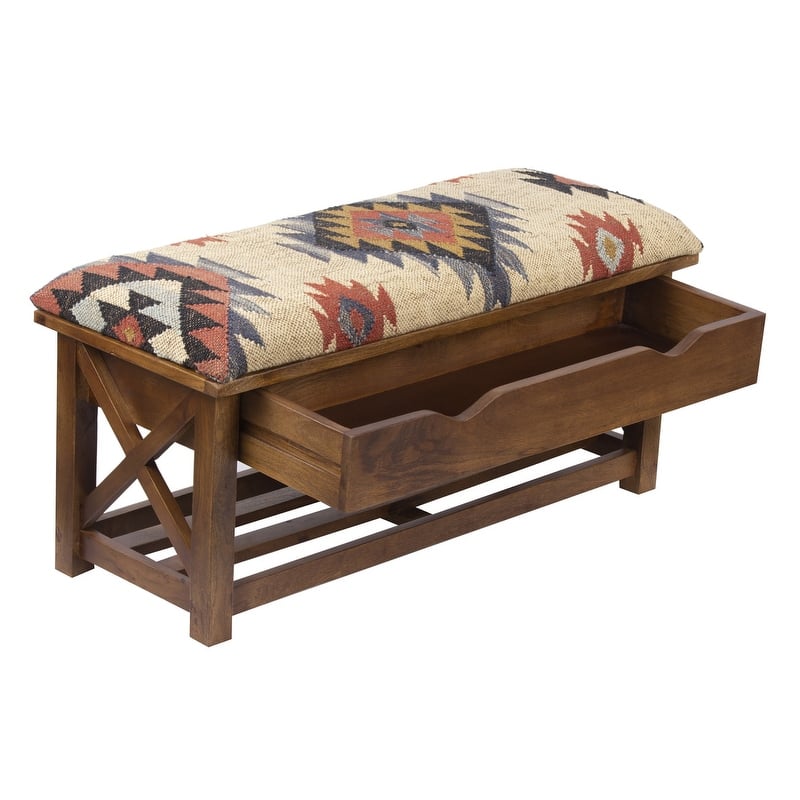 HERAT ORIENTAL Handmade Kilim Upholstered Storage Bench - 35" L x 14" W x 17" H