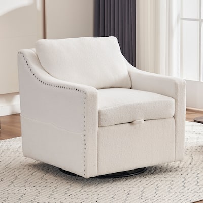 360° Swivel Accent Chair with 1 Back Pillow, Teddy Upholstered Reading Chair with Rivet Trim, Single Sofa Chair for Living Room
