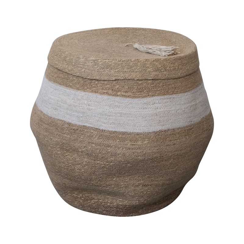 Seagrass Woven Baskets with Lid, Stripe, and Tassel, Set of 2 - 21.5"L x 21.5"W x 21.5"H