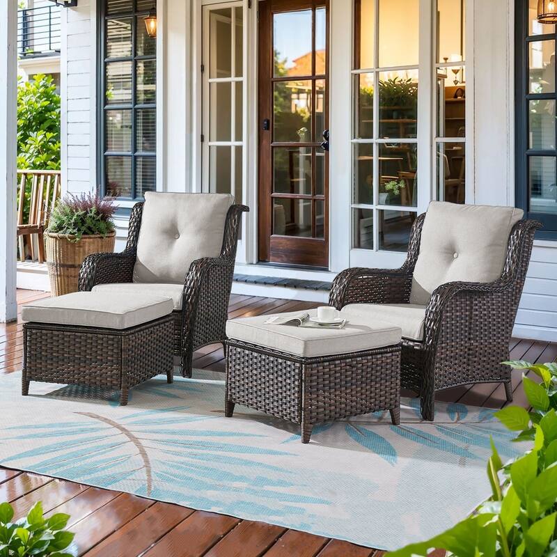 Gymojoy 4-Piece Outdoor Wicker Patio Furniture Chair Set, Rattan Coversation Set with Water Resistant Thick Cushions - Brown Wicker / Beige Cusion - 4-Piece