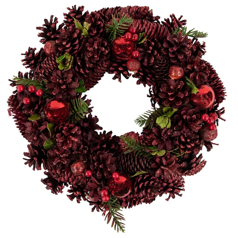 Red Pinecone, Berry and Ornament Christmas Wreath, 13.5-Inch, Unlit
